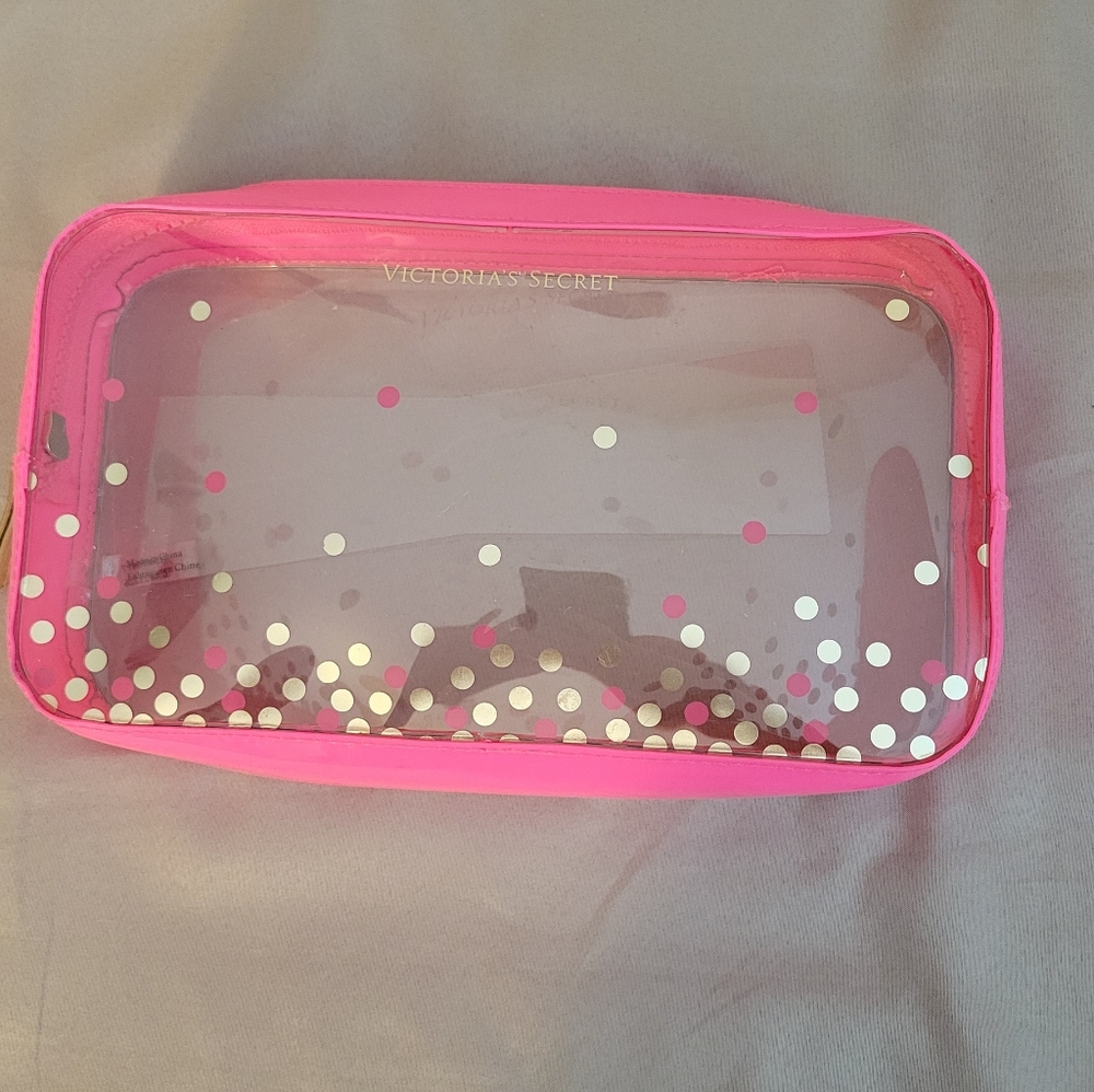 Victoria's Secret Clear Cosmetic Pouch with Hot Pink Trim and Metallic Dots